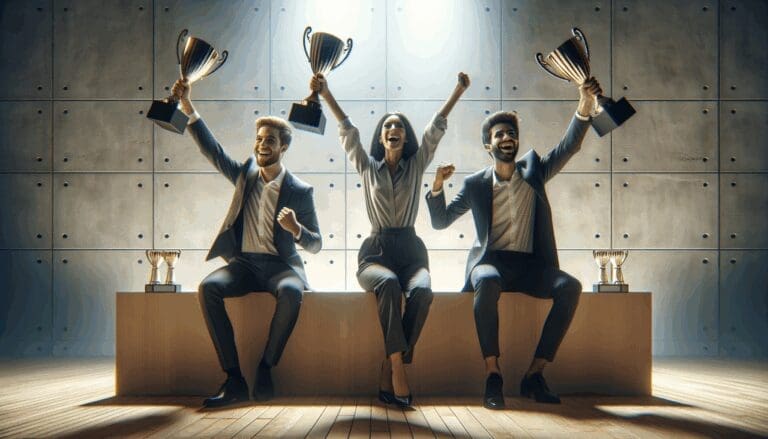 Tres jóvenes empresarios celebrando con trofeos en un escenario iluminado, fondo abstracto y moderno.