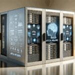 Plano cerrado de servidores y pantallas mostrando software de inteligencia artificial en un entorno de oficina moderna.