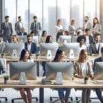 Oficina moderna, personas colaborando frente a computadoras, ambiente de innovación tecnológica.