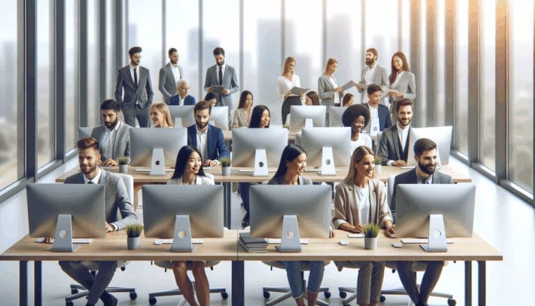 Oficina moderna, personas colaborando frente a computadoras, ambiente de innovación tecnológica.