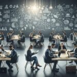 Emprendedores trabajando en laptops, rodeados de pizarras con ideas y mapas mentales en un espacio moderno.