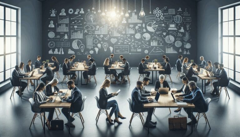 Emprendedores trabajando en laptops, rodeados de pizarras con ideas y mapas mentales en un espacio moderno.