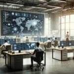 Oficina moderna con desarrolladores trabajando en algoritmos de inteligencia artificial, pantallas y ambiente tecnológico contemporáneo.