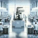 Laboratorio moderno con investigadores trabajando en equipos de biotecnología avanzada