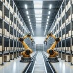 Interior moderno de un centro logístico automatizado con brazos robóticos en acción y racks altos de almacenamiento.