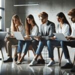 Grupo de jóvenes emprendedores colaborando en una oficina moderna con laptops y pizarras.