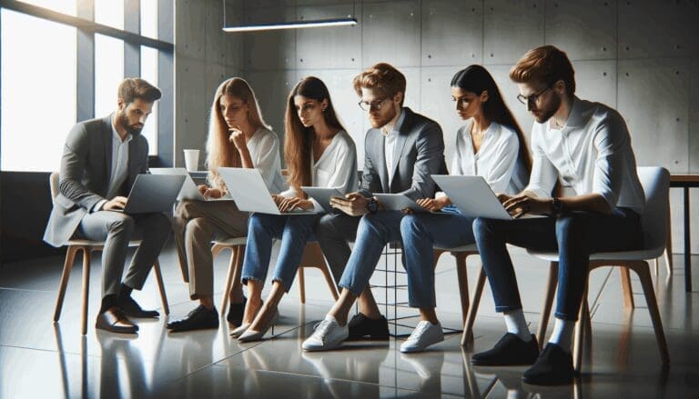 Grupo de jóvenes emprendedores colaborando en una oficina moderna con laptops y pizarras.