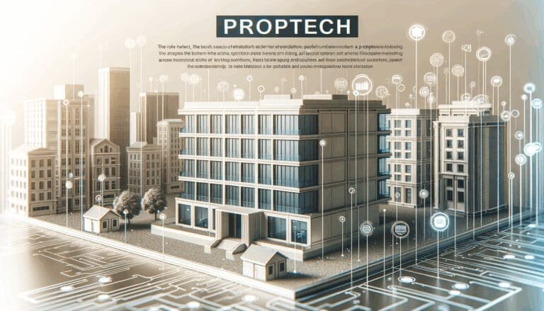 Edificio moderno rodeado de elementos tecnológicos representando el sector de proptech.