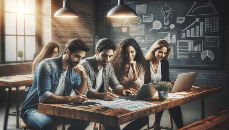 Dos equipos de emprendedores trabajando juntos en un espacio moderno de coworking, rodeados de pizarras y tecnología.