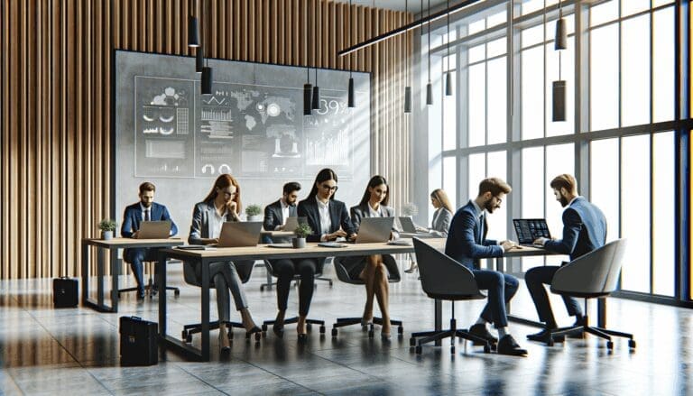 Oficina moderna con equipos tecnológicos y emprendedores colaborando en laptops.