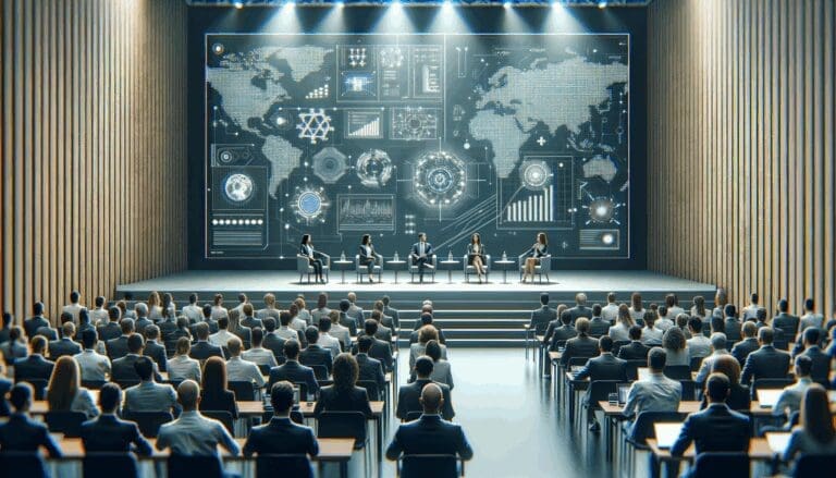 Participantes en un congreso tecnológico en un auditorio moderno