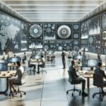 Laboratorio tecnológico con expertos colaborando y pantallas que muestran patrones naturales y gráficos de IA.