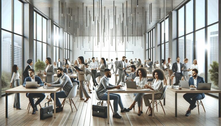 Espacio de coworking moderno con emprendedores colaborando en proyectos innovadores