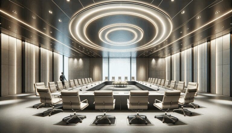 Interior moderno con sala de reuniones amplia, tonos neutros, ambiente profesional y tecnológico.