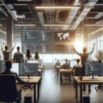 Primer plano de programadores en un espacio de coworking moderno rodeados de pantallas y tecnología