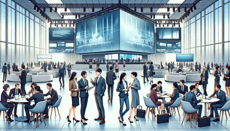 Personas interactuando en un moderno centro de convenciones, pantallas y tecnología audiovisual de fondo, ambiente vibrante y profesional.