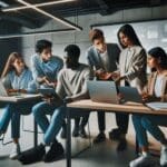 Grupo diverso de emprendedores colaborando en un moderno espacio tecnológico.