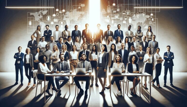 Grupo diverso de emprendedores y expertos colaborando en un foro tecnológico moderno.