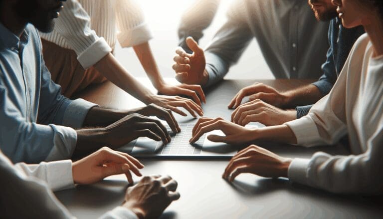 Primer plano de manos colaborando sobre una laptop en un entorno moderno de startups, iluminación natural.