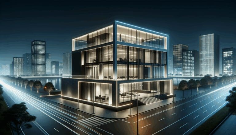 Edificio moderno y minimalista con luces encendidas, detalles tecnológicos y vista urbana nocturna.