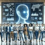 Grupo de emprendedores reunidos en un espacio de coworking moderno con pantallas mostrando gráficos de inteligencia artificial.