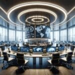 Oficina moderna con equipos de tecnología, pantallas y ambiente internacional enfocado en innovación inmobiliaria.