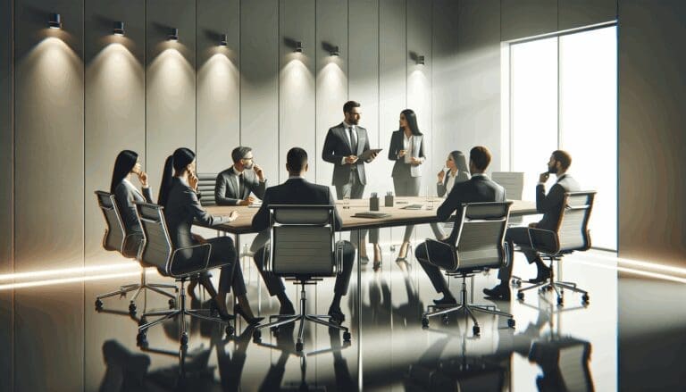 Sala de conferencias moderna con emprendedores en discusión colaborativa.