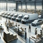 Centro de distribución moderno con vehículos de reparto y empleados preparando pedidos.