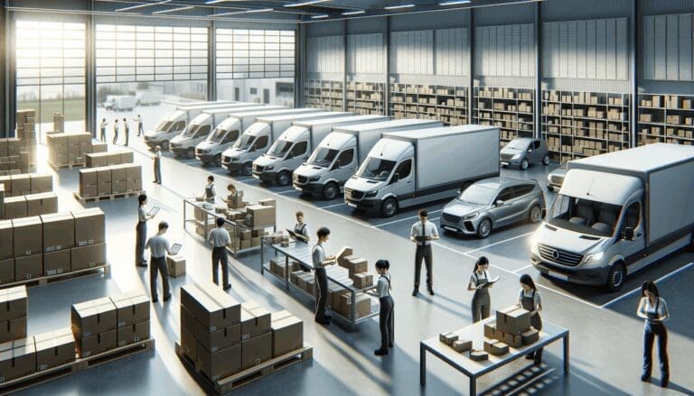 Centro de distribución moderno con vehículos de reparto y empleados preparando pedidos.