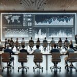 Sala de reuniones moderna con ejecutivos internacionales analizando gráficos financieros digitales.