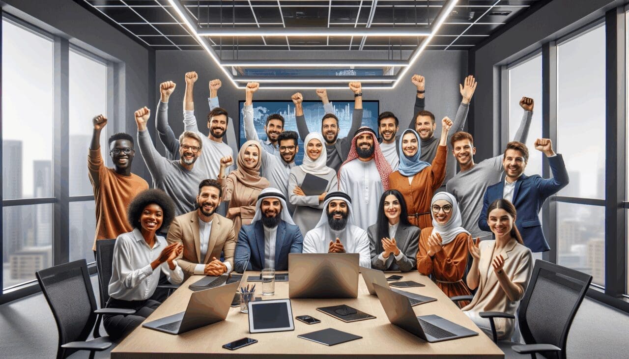 Equipo multicultural en sala de reuniones moderna, celebrando logro tecnológico con laptops y pantallas al fondo.