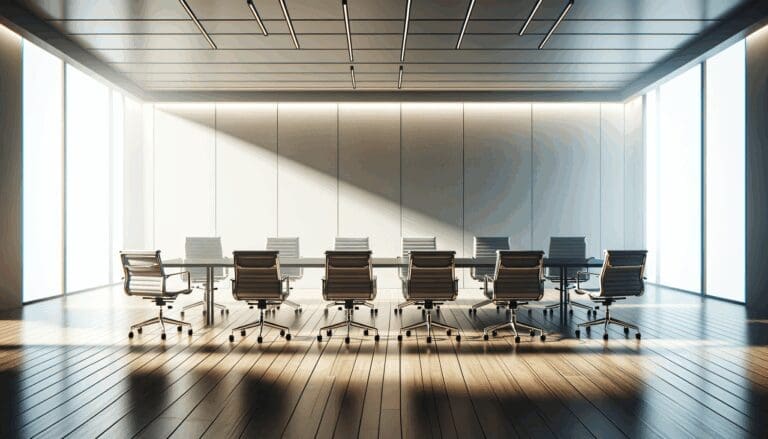Fotografía de una sala de reuniones moderna, con luz natural y sillas vacías, transmitiendo profesionalismo y apertura.