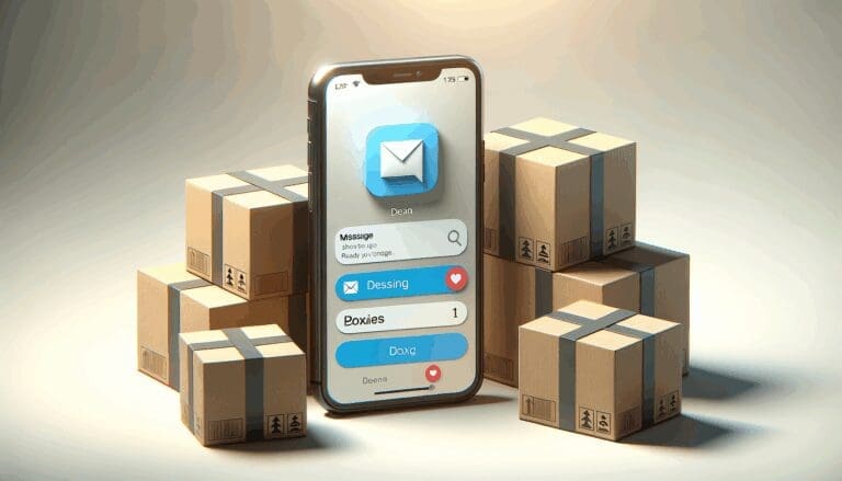 Teléfonos inteligentes mostrando WhatsApp junto a paquetes y cajas listas para envío.