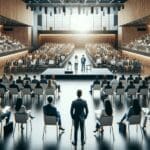 Emprendedores presentando proyectos en un auditorio moderno lleno de asistentes.