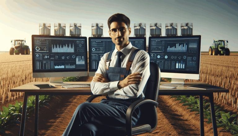 Agrónomo sentado frente a computadoras en un campo agrícola, con pantallas mostrando datos tecnológicos.