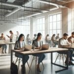 Espacios modernos de coworking con emprendedores trabajando y laptops sobre mesas.