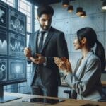 Dos profesionales colaborando frente a pantallas digitales con gráficos y cadenas de bloques en un entorno corporativo moderno.