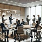 Una sala de reuniones moderna donde ejecutivos revisan gráficos y dispositivos digitales, ambiente profesional y tecnológico.