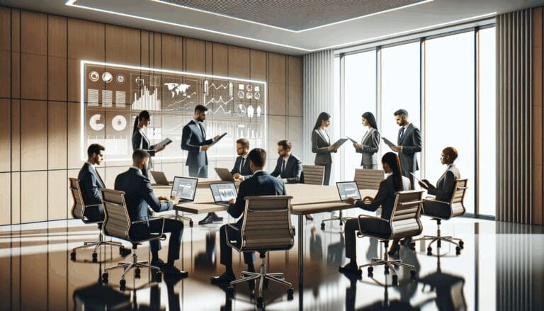 Una sala de reuniones moderna donde ejecutivos revisan gráficos y dispositivos digitales, ambiente profesional y tecnológico.