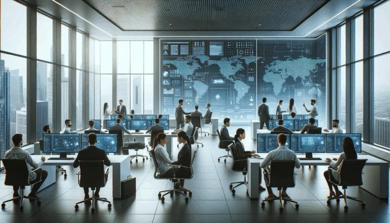 Desarrolladores colaborando frente a pantallas en una oficina moderna con ambiente tecnológico.