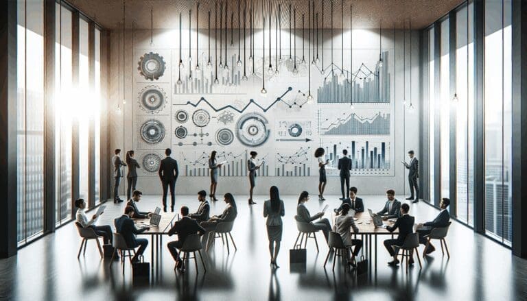 Emprendedores reunidos en una sala moderna, analizando gráficos y proyecciones tecnológicas.