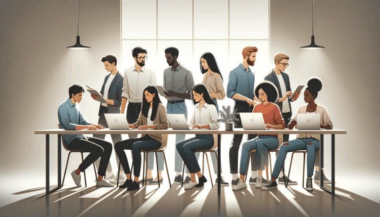 Ilustración minimalista de jóvenes emprendedores colaborando con computadoras sobre una mesa de trabajo en un moderno coworking.