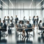 Oficinas modernas con equipo diverso colaborando, ambiente tecnológico y profesional.