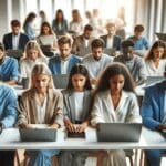 Grupo diverso de jóvenes emprendedores trabajando en laptops en un espacio moderno y luminoso.