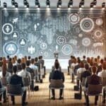 Escenario moderno con público atendiendo a una charla sobre tecnología y recursos humanos.