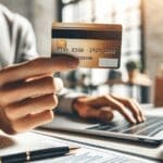 Primer plano de manos jóvenes sosteniendo una tarjeta de débito frente a una laptop en un entorno de oficina moderna y luminosa.