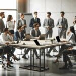 Sala de reuniones corporativa con jóvenes emprendedores discutiendo alrededor de una mesa y laptops abiertas.
