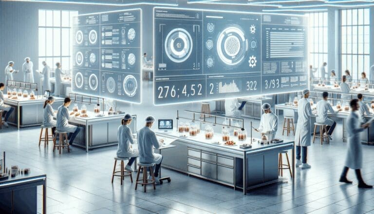 Primer plano de un laboratorio alimentario moderno con pantallas digitales y personas trabajando.
