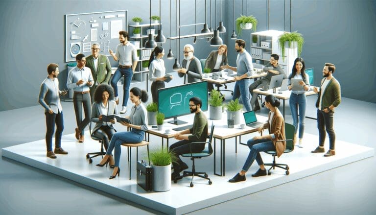 Grupo diverso de emprendedores colaborando en un espacio de coworking moderno rodeado de elementos verdes y tecnológicos.