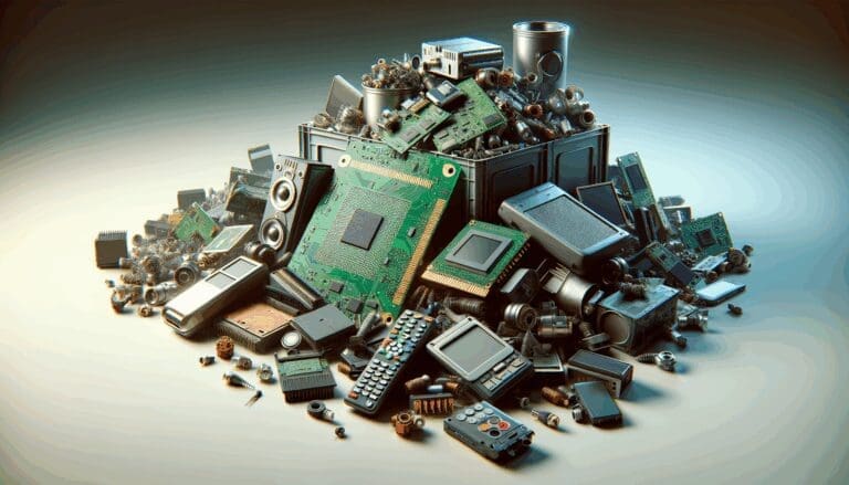 Imagen conceptual de residuos electrónicos con una placa de circuito y dispositivos obsoletos.